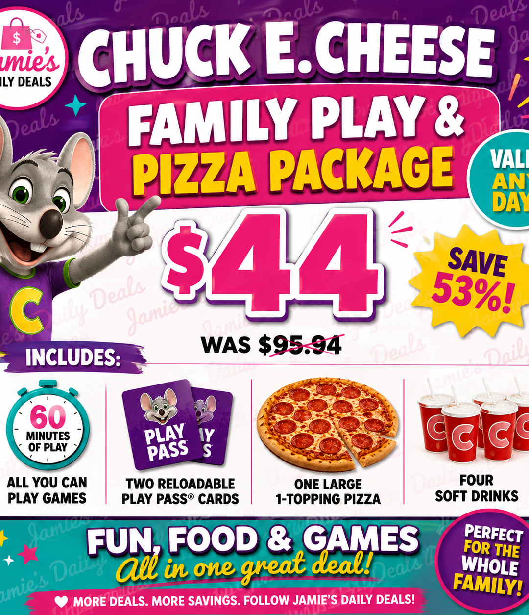 Chuck E. Cheese Family Play & Pizza Package — $44