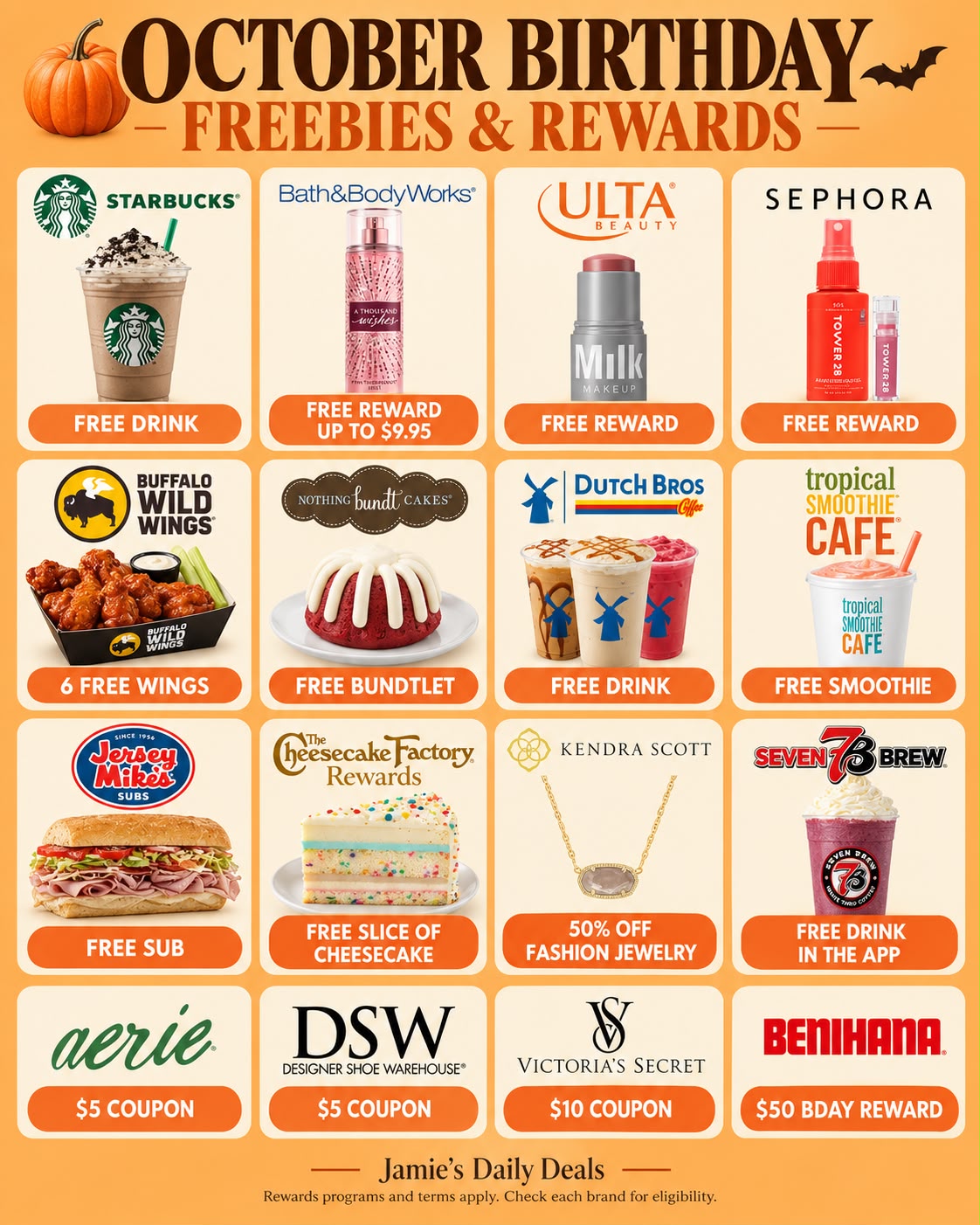 October birthday freebies and rewards featured by Jamie's Daily Deals